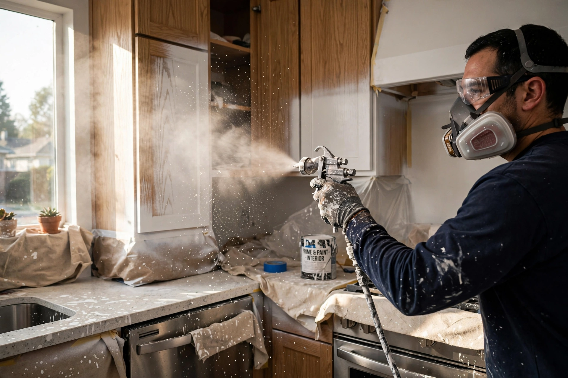 Professional painter applying spray finish to kitchen cabinets in Fremont