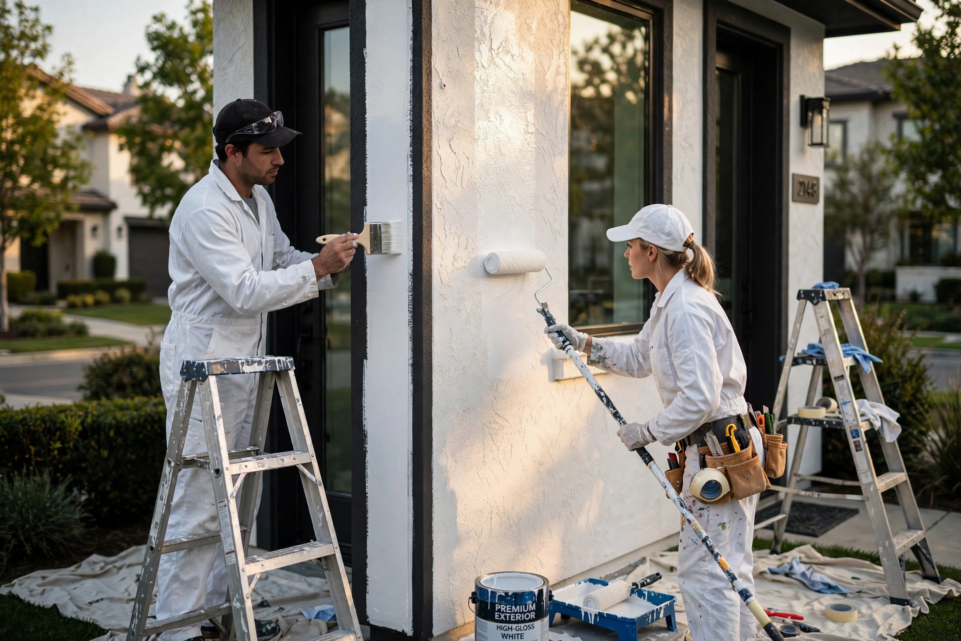Professional painters applying high-quality exterior paint to a townhouse in Clayton, CA