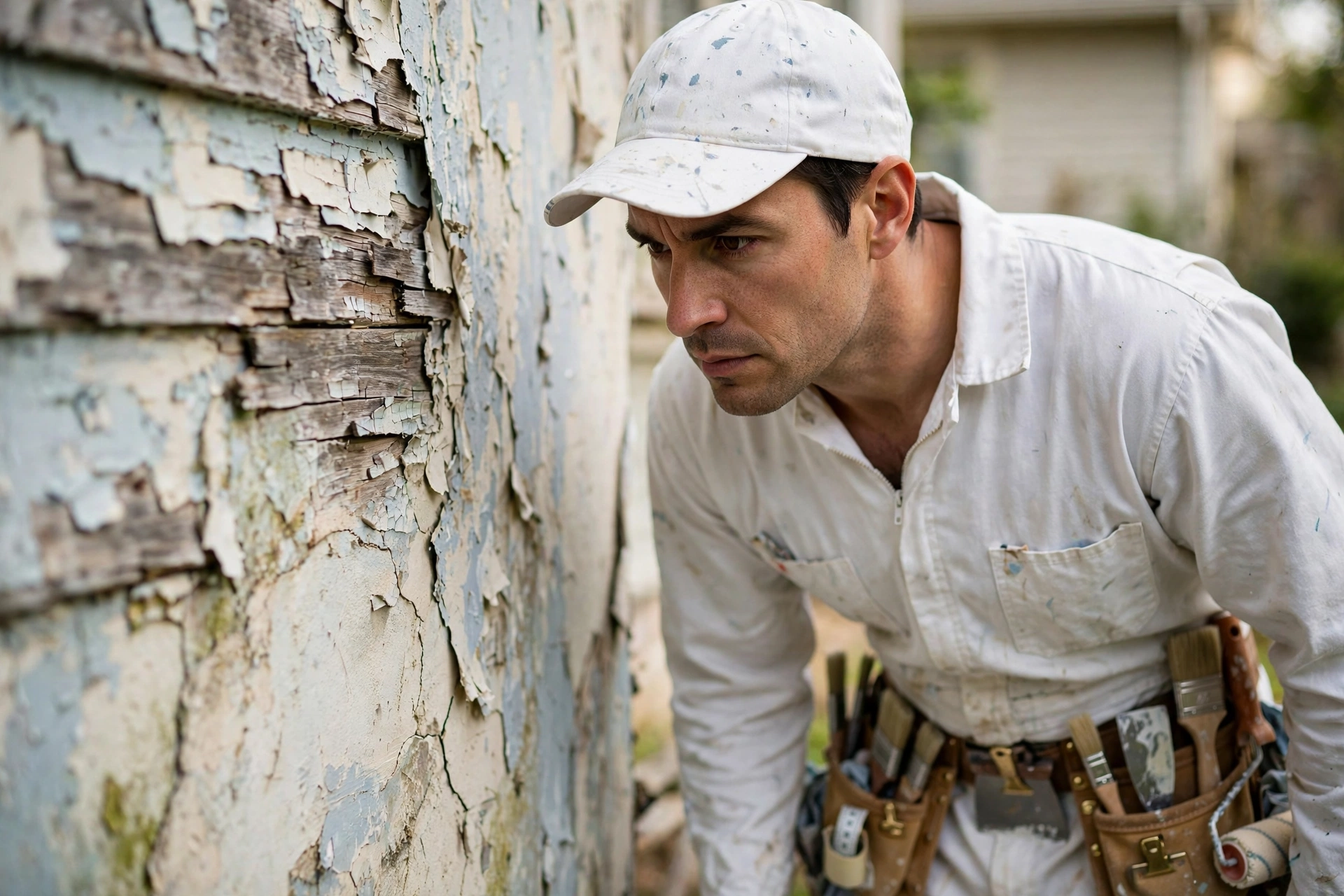 Professional painter inspecting a home exterior for paint failure