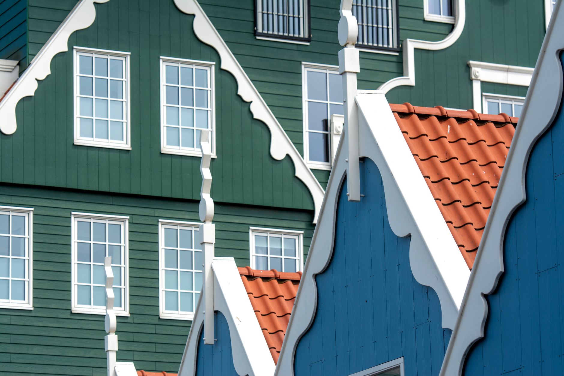 Close-up of traditional colorful facades at Inntel Hotel in Zaandam, Netherlands.