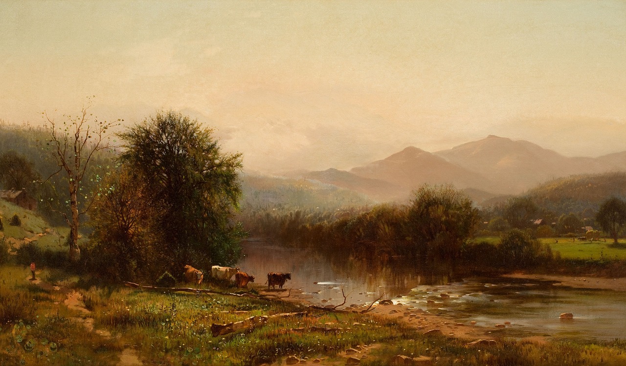 arthur parton, art, artistic, artistry, painting, oil on canvas, sky, clouds, nature, outside, country, countryside, trees, landscape, scenic, mountains, valley, cattle, stream, creek, water, reflections, brown painting, brown paint, creek, creek, creek, creek, creek