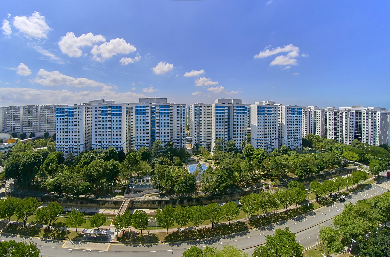 housing, flats, house, home, building, design, apartment, modern, nature, architecture, estate, tree, sky, clouds, wide, angle, blue home